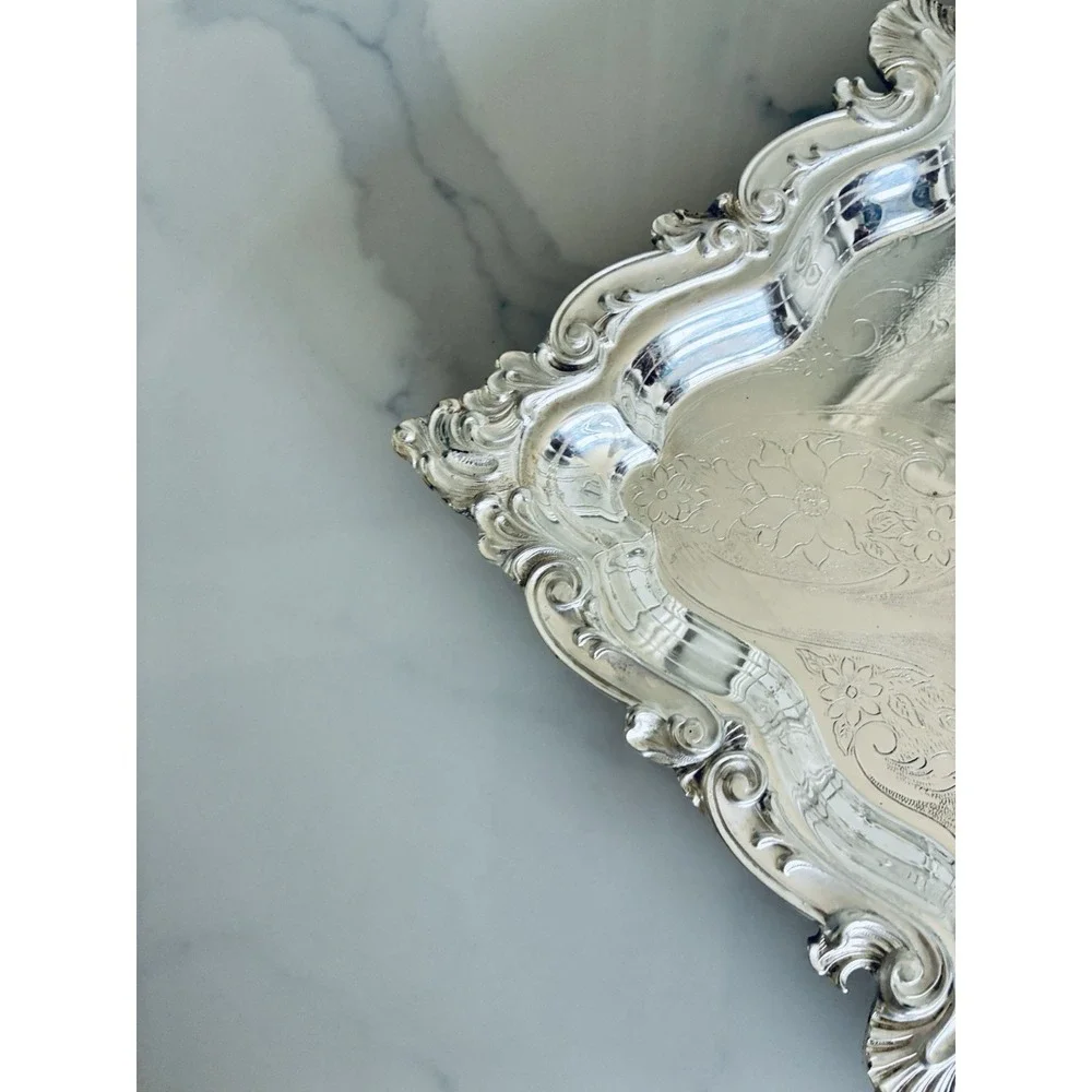 Vintage Birmingham Victorian Style Silver Plated Square Platter Trays Set Of 2